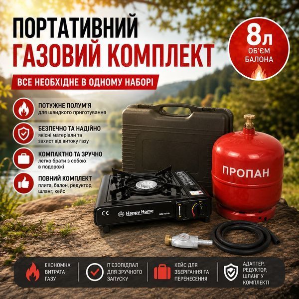 Комплект газовый 8л с портативной плитой шлангом и редуктором 159951 фото